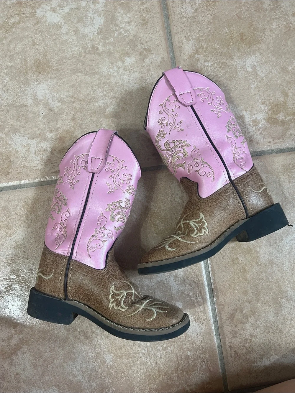 Old West Girls Kids 9.5 Tan Leather and Pink Western Cowboy Boots